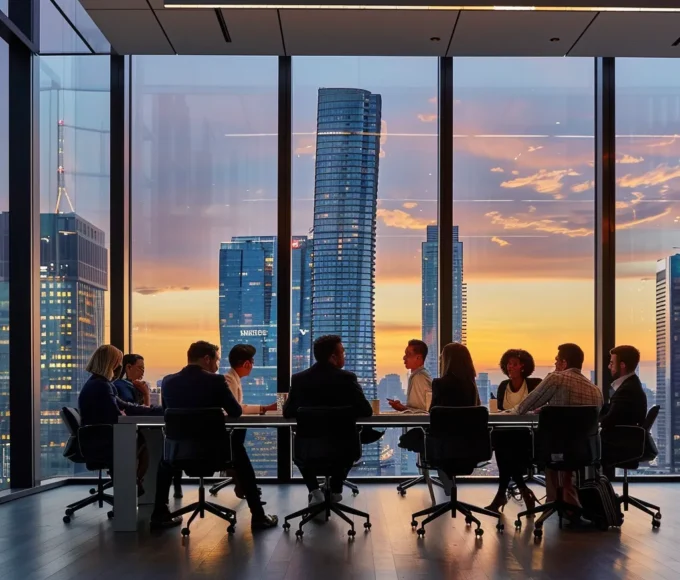 a sleek, modern office with floor-to-ceiling windows showcasing a vibrant city skyline, where a diverse group of professionals is engaged in a dynamic brainstorming session around a contemporary conference table, illuminated by warm, ambient lighting.