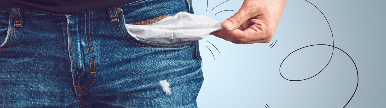 Poor man in jeans with empty pocket and drawn fly concept