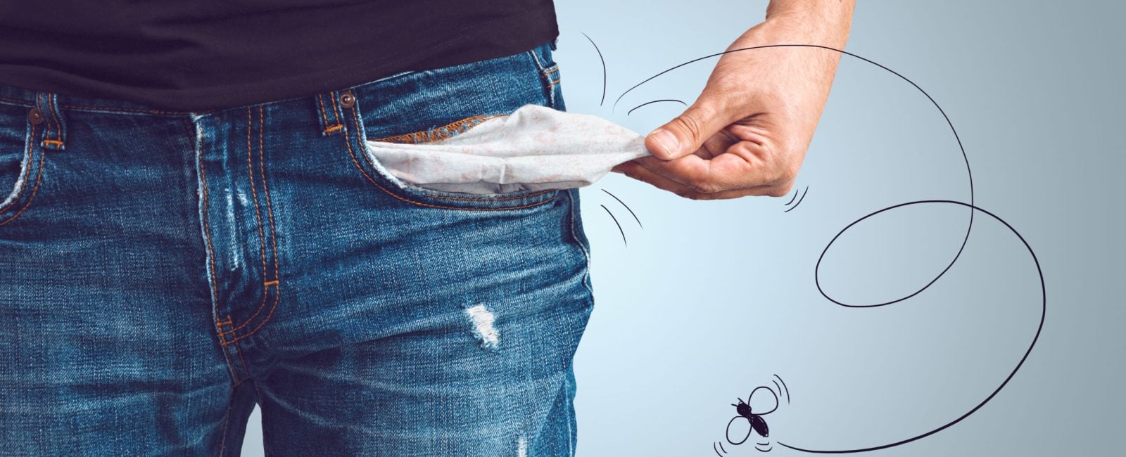 Poor man in jeans with empty pocket and drawn fly concept