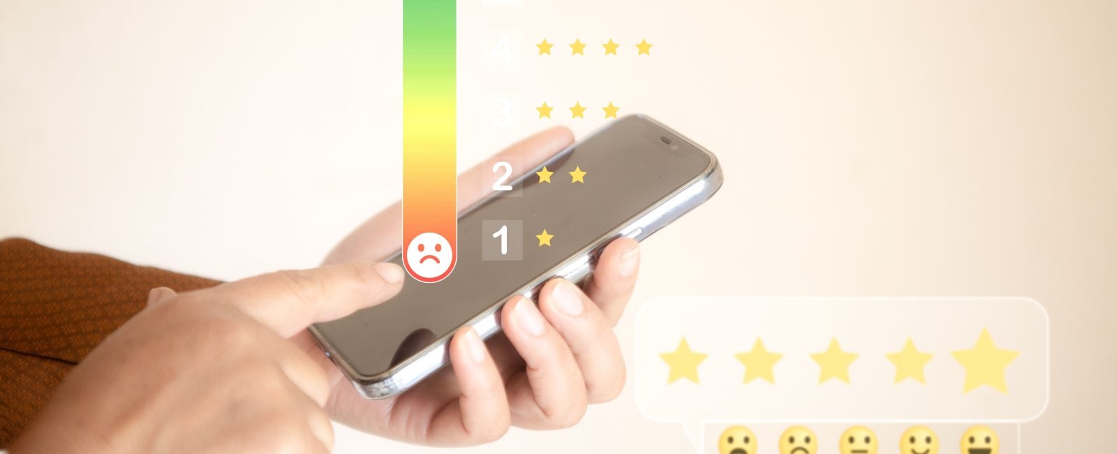 Customer review satisfaction feedback survey concept with hand holding smart phone and give rating to service excellent experience on mobile phone application