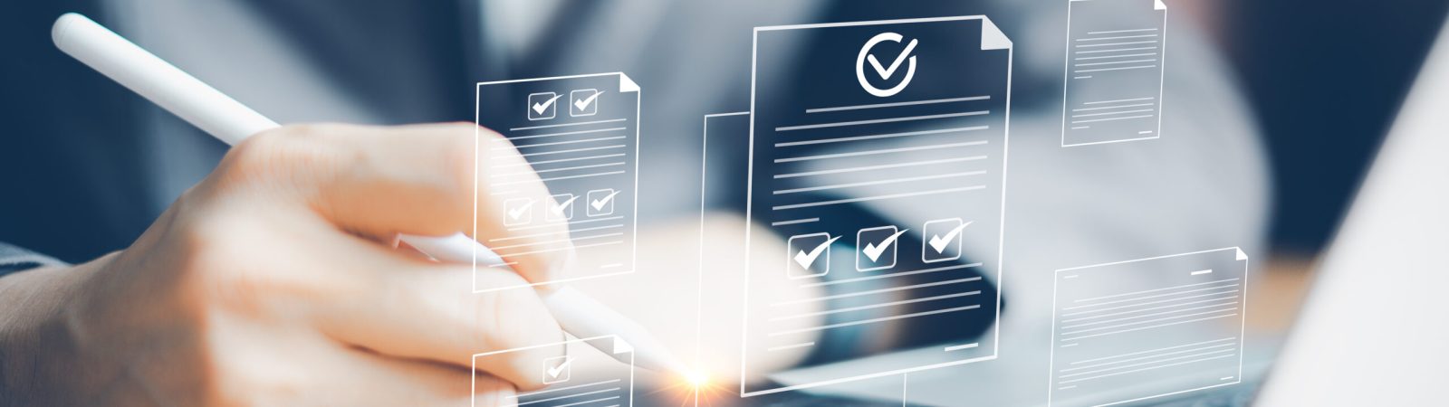 Business people working with computers and smartphones using stylus with laptop, interactive checklists, virtual document interaction, modern workspace, Document Management System Quality assurance.
