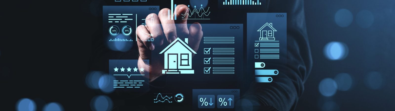 Hand interacting with virtual real estate analytics interface, futuristic digital housing concept on dark creative background with glowing HUD elements