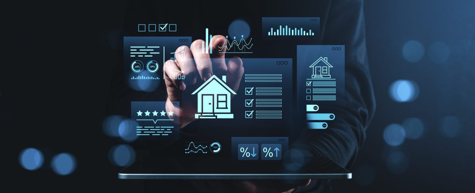 Hand interacting with virtual real estate analytics interface, futuristic digital housing concept on dark creative background with glowing HUD elements