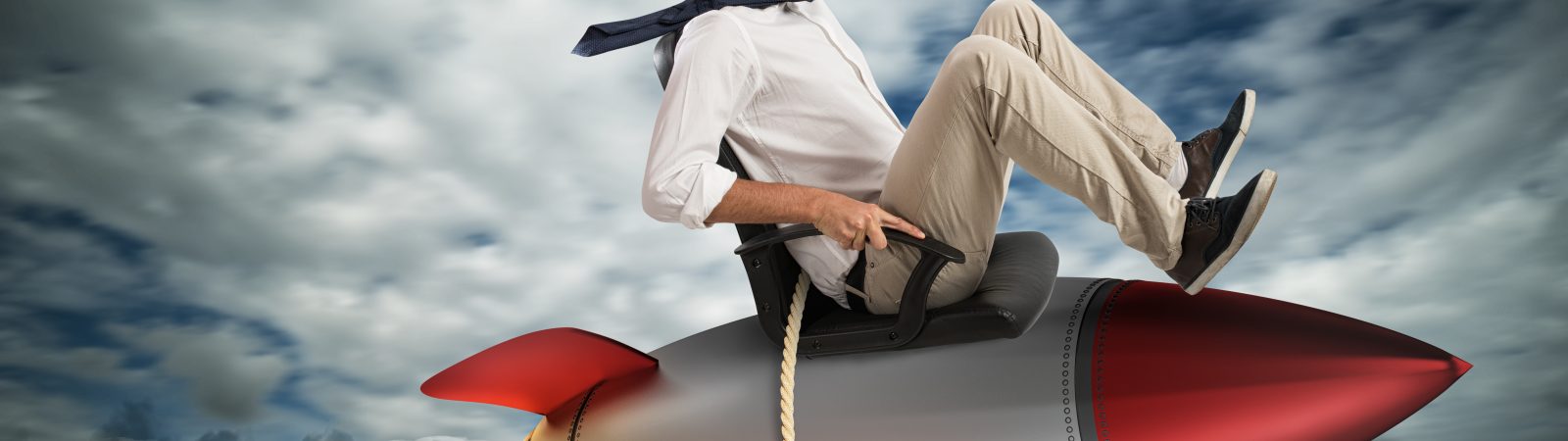 Businessman flying over a rocket in the sky. Increase the climb to success concept