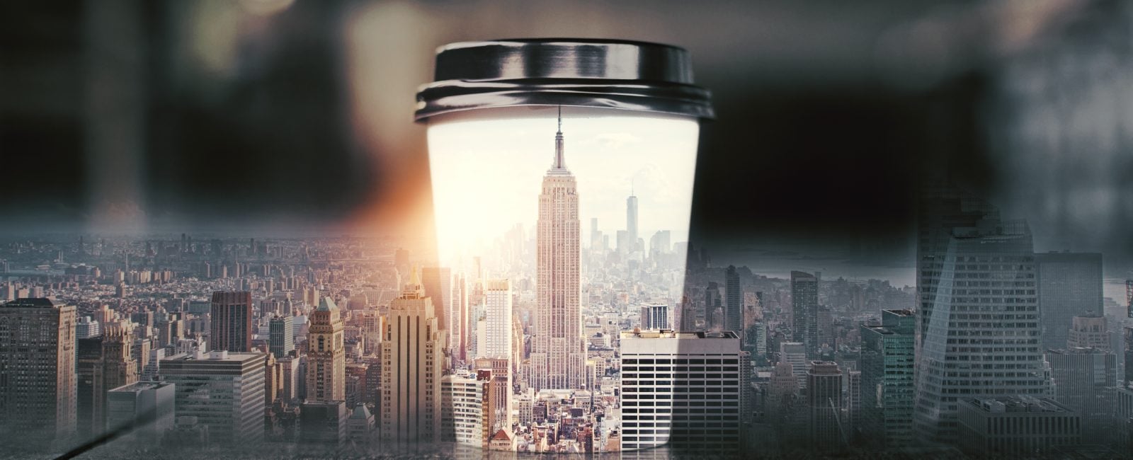Coffee cup with abstract New York city skyline. Energy concept. Double exposure