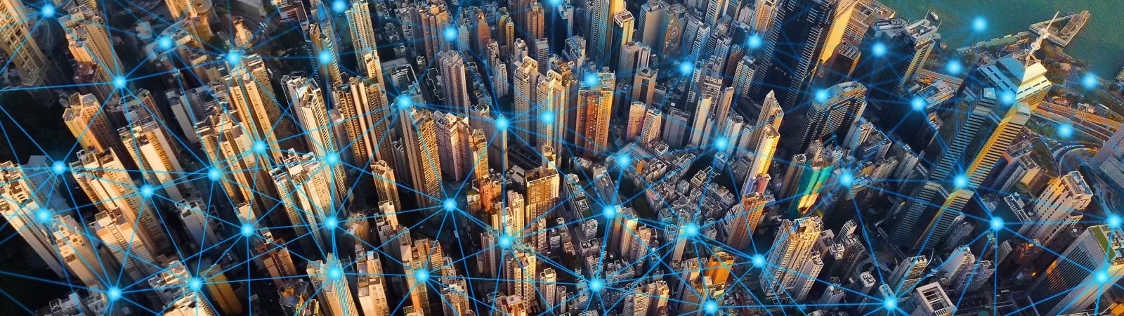 Digital network connection lines of Hong Kong Downtown. Financial district and business centers in smart city in technology concept. Top view of skyscraper and high-rise buildings. Aerial view