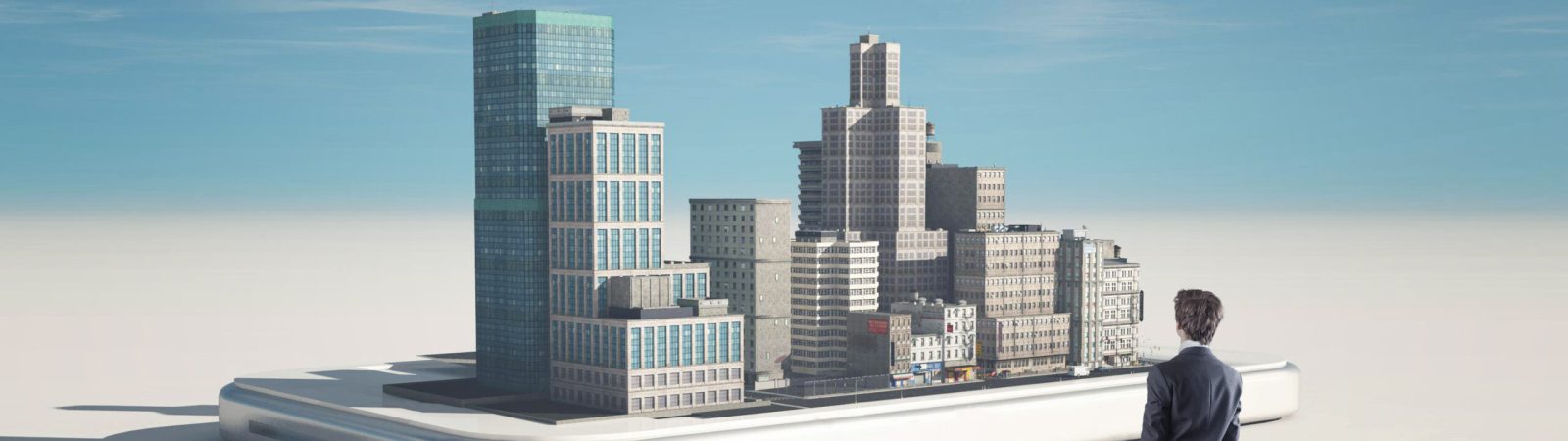 Man looking to a 3d city on smartphone .