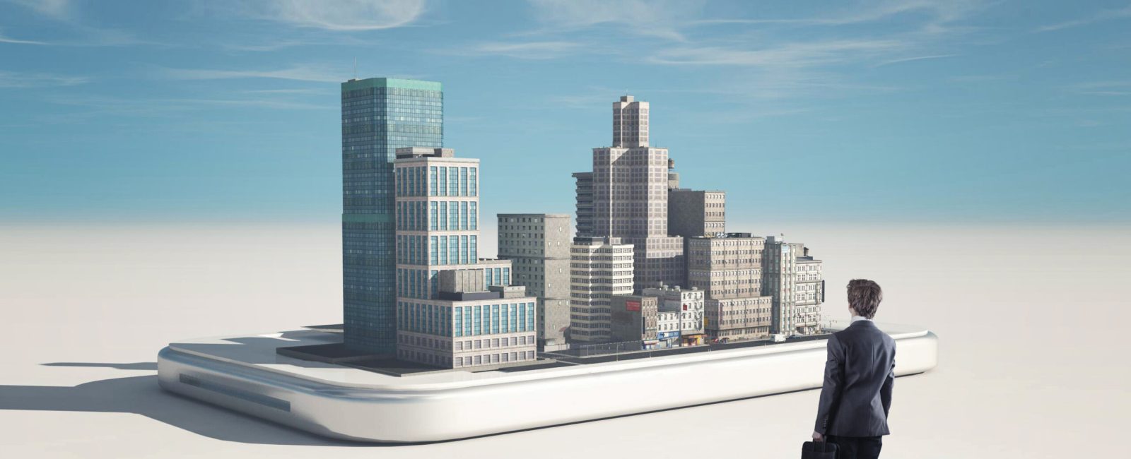 Man looking to a 3d city on smartphone .