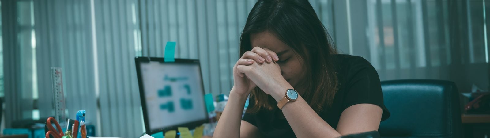 Asian office woman stress from work overload,She stressed because must send work At the specified time,Thailand people,Young secretary tired from boss about new project