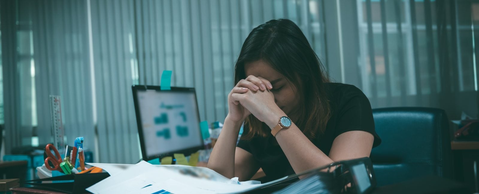 Asian office woman stress from work overload,She stressed because must send work At the specified time,Thailand people,Young secretary tired from boss about new project