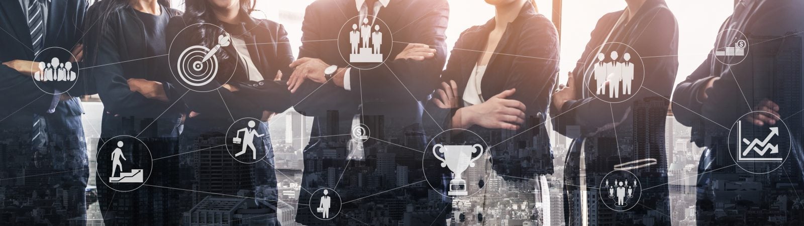 Achievement and Business Goal Success Concept - Creative business people with icon graphic interface showing employee reward giving for business success achievement.