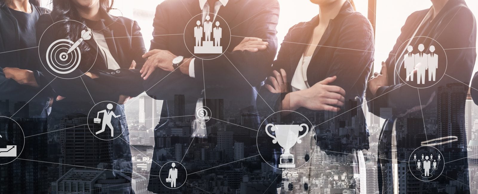 Achievement and Business Goal Success Concept - Creative business people with icon graphic interface showing employee reward giving for business success achievement.