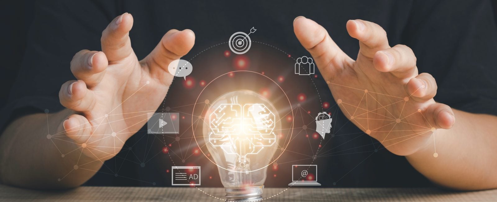 Digital marketing strategy idea concept. Content creator touching a bright light bulb great creative for target with virtual icon.