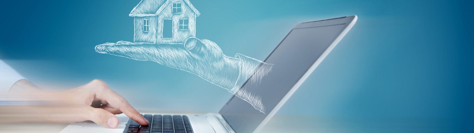 drawn hand holds a house. man working with laptop