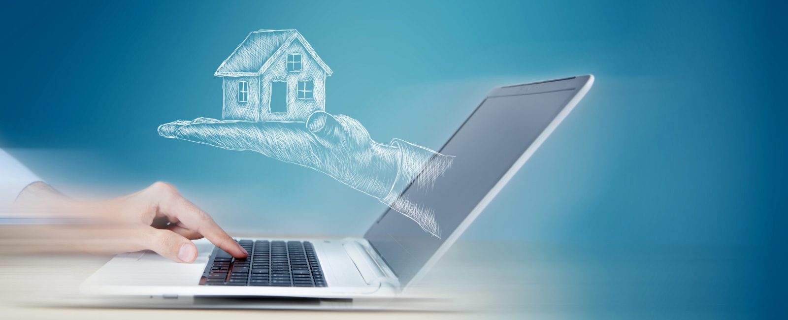 drawn hand holds a house. man working with laptop