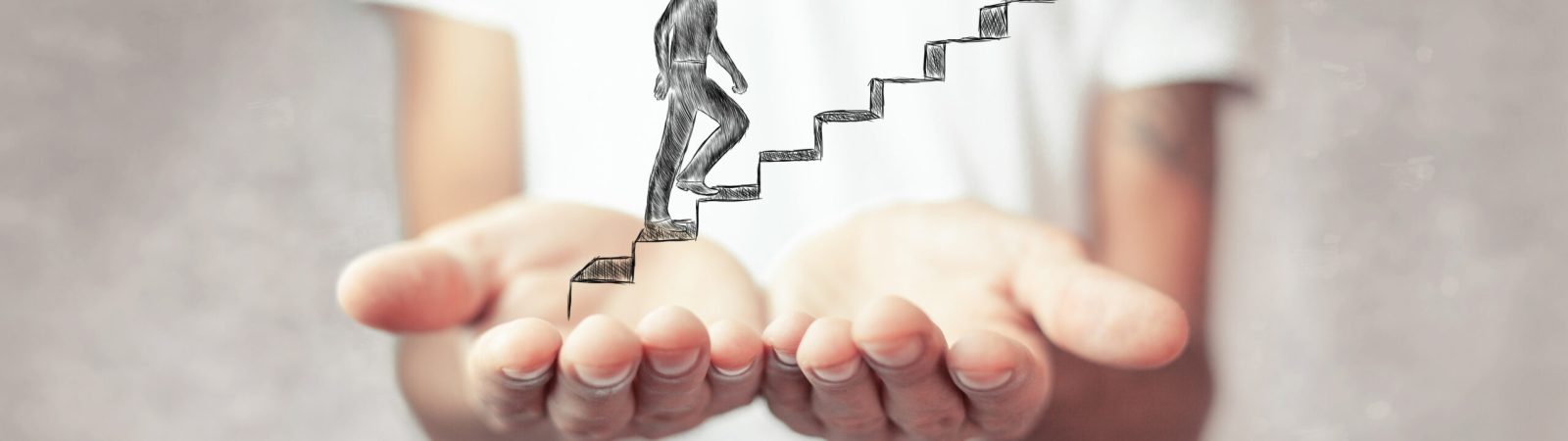 the illustrated man climbs the steps. hand-drawn. man holding empty palms
