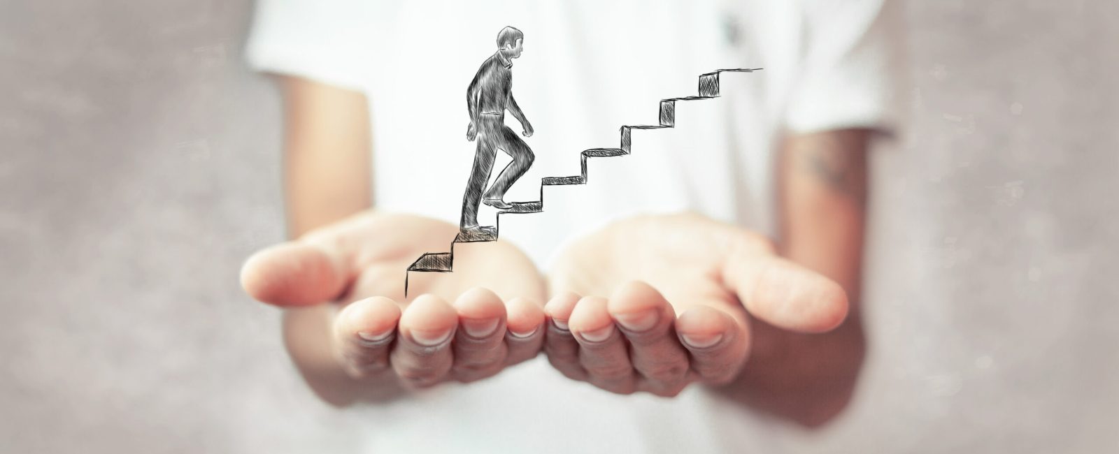 the illustrated man climbs the steps. hand-drawn. man holding empty palms