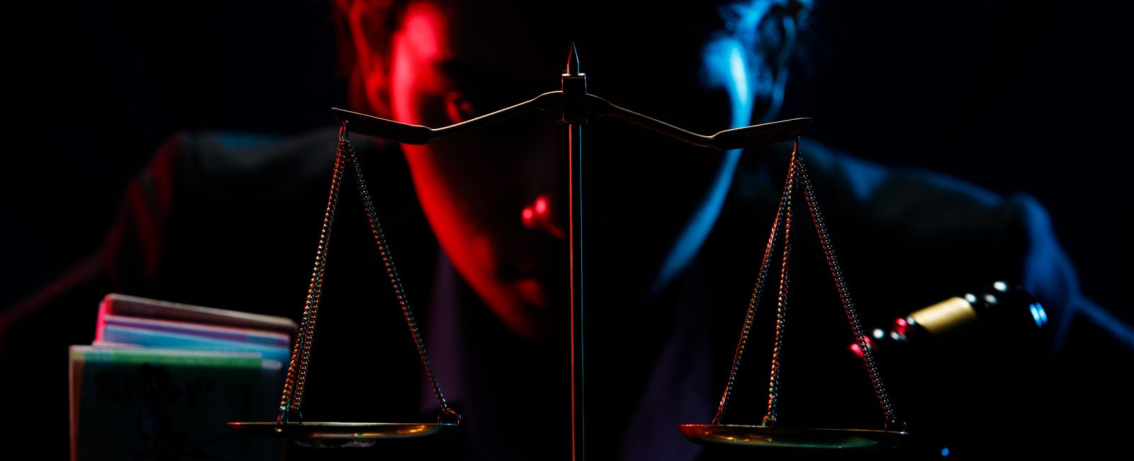 Dirty Money Corruption ruin destroy society and unfair to people. Balance Scale make fairness and unbalance in mind of bad guys to make legal decision, dark background concept