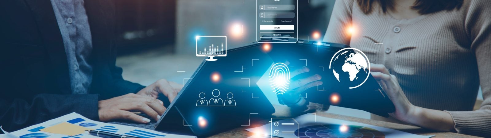 Online transactions, Businessman touching fingerprint scan provides security interface payment shopping banking and cloud computing network connection on virtual screen.