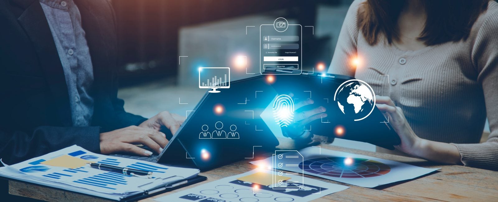 Online transactions, Businessman touching fingerprint scan provides security interface payment shopping banking and cloud computing network connection on virtual screen.