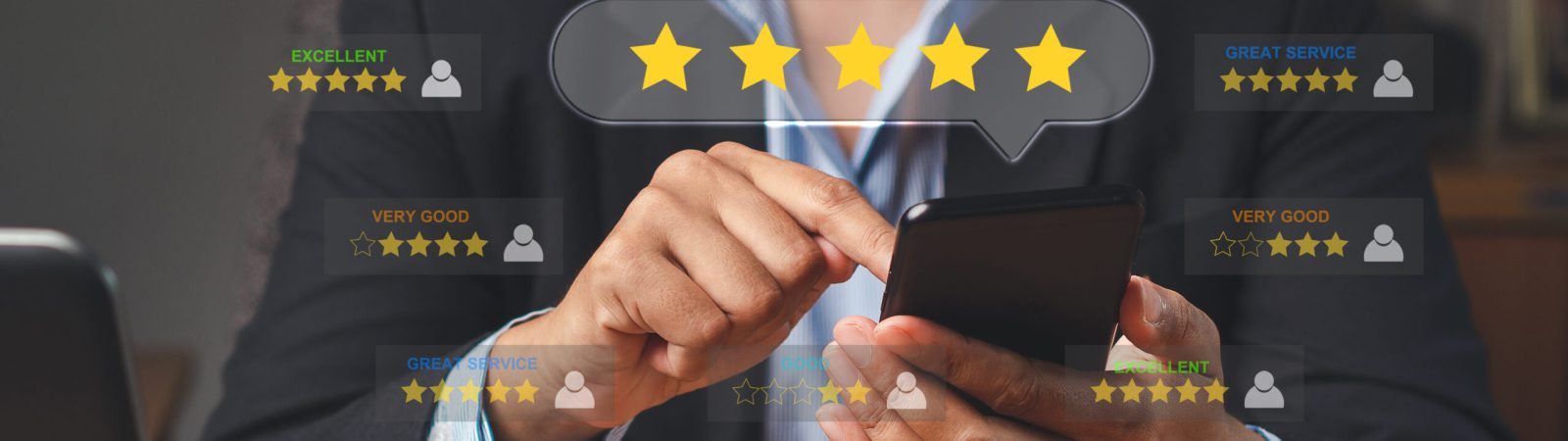 A businesswoman using a smartphone gives the five-star icon a rating of very impressed for service. Customer service and satisfaction surveys concept. Tomboy is a girl who loves to be a man