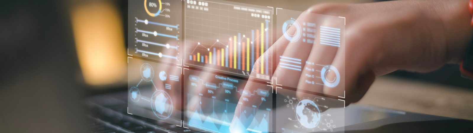 Data analyst working on business analytics dashboard with charts, metrics and KPI to analyze performance and create insight reports for operations management.