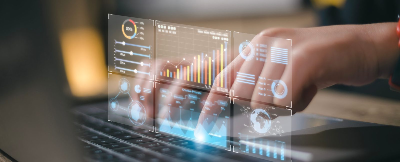 Data analyst working on business analytics dashboard with charts, metrics and KPI to analyze performance and create insight reports for operations management.