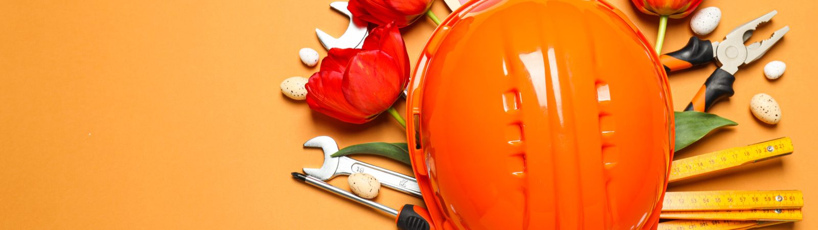 Concept of different work accessories, engineering supplies and tools