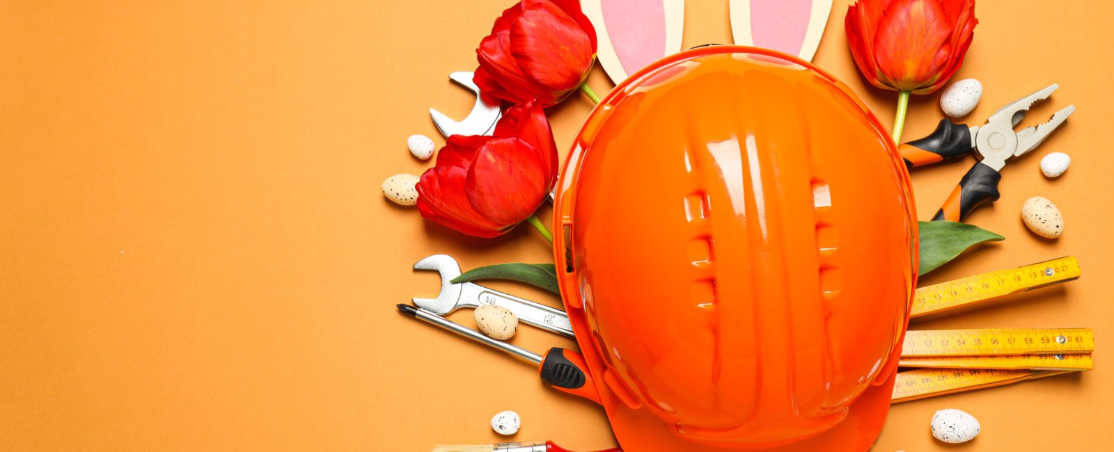 Concept of different work accessories, engineering supplies and tools