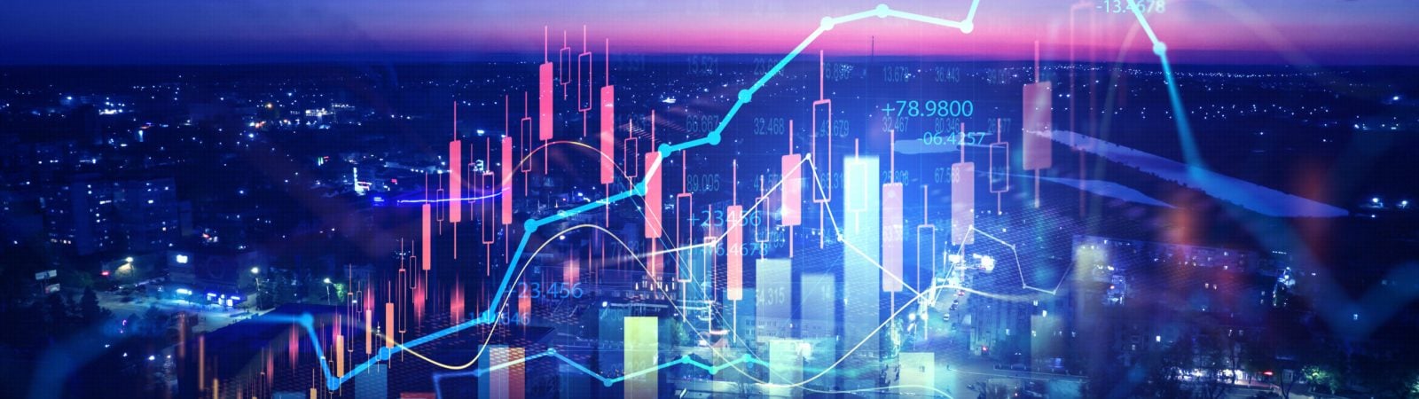 Big data chart on city backdrop.Business development, financial plan and strategy.Analysis finance graph and market chart investment.Trade technology, and investment analysis.