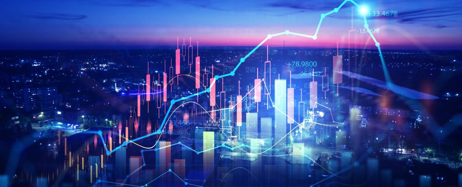 Big data chart on city backdrop.Business development, financial plan and strategy.Analysis finance graph and market chart investment.Trade technology, and investment analysis.