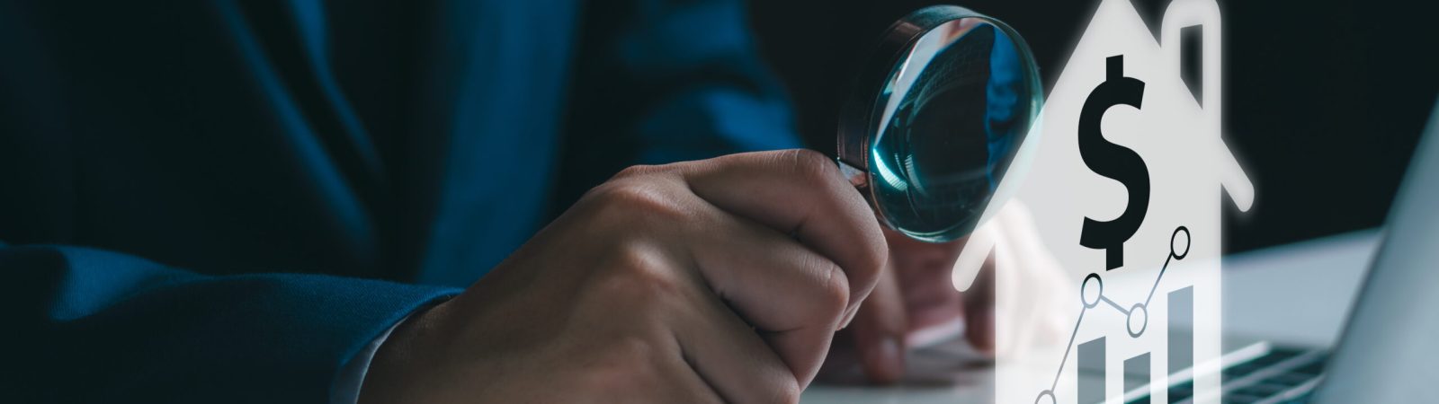 Real estate investment concept. Broker searching house, apartment, condominium and home in good location high property value on computer. Real estate investment offer for sale, loan and for rent.
