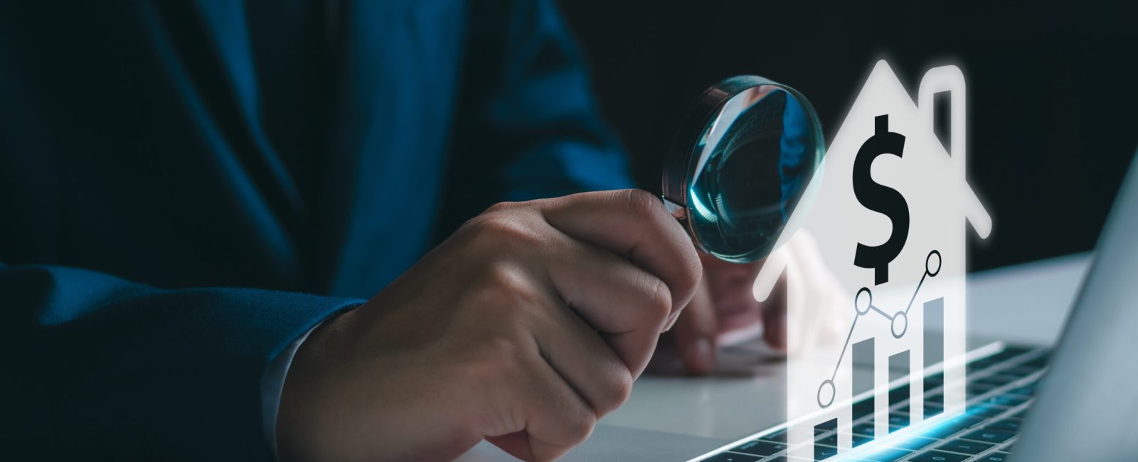 Real estate investment concept. Broker searching house, apartment, condominium and home in good location high property value on computer. Real estate investment offer for sale, loan and for rent.
