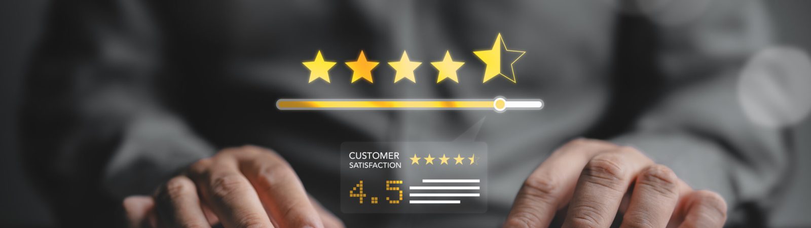 Customer satisfaction feedback review concept. Buyer types on a keyboard to write product or service experience and gives 5-star rating.  Customers review the online shopping platform.