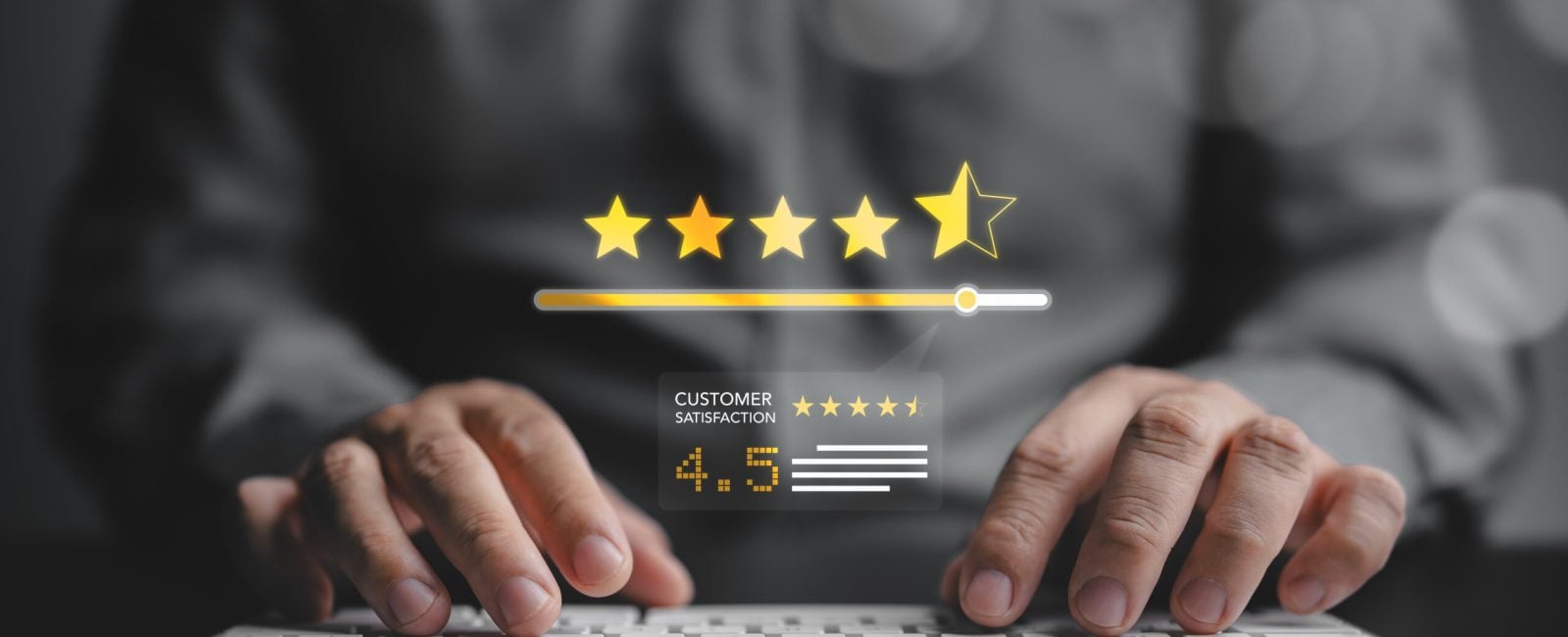 Customer satisfaction feedback review concept. Buyer types on a keyboard to write product or service experience and gives 5-star rating.  Customers review the online shopping platform.