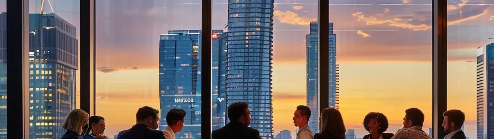a sleek, modern office with floor-to-ceiling windows showcasing a vibrant city skyline, where a diverse group of professionals is engaged in a dynamic brainstorming session around a contemporary conference table, illuminated by warm, ambient lighting.