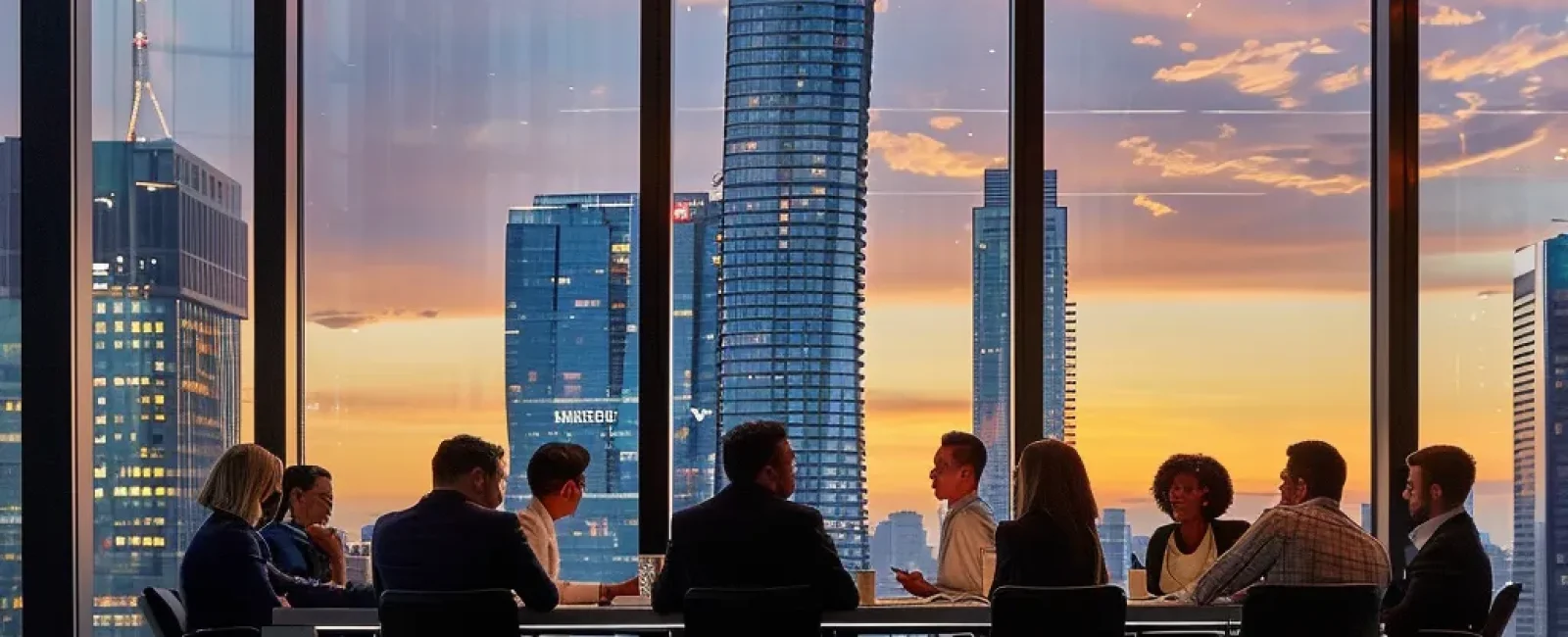 a sleek, modern office with floor-to-ceiling windows showcasing a vibrant city skyline, where a diverse group of professionals is engaged in a dynamic brainstorming session around a contemporary conference table, illuminated by warm, ambient lighting.
